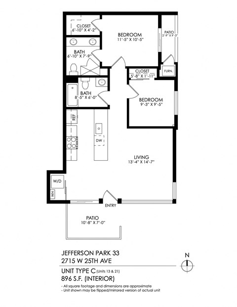 Floor plan for 2 beds, 2 baths, 896 sqft